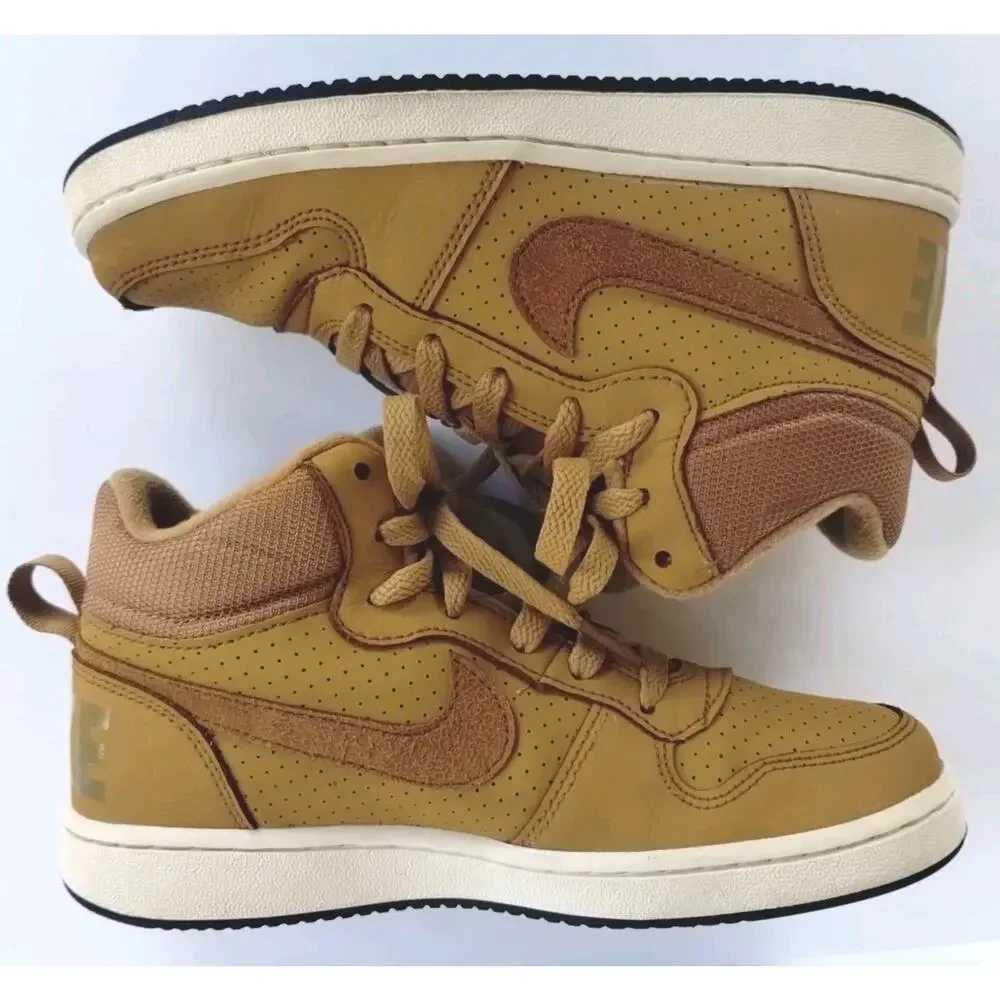 Nike Youth 4Y Court Borough Mid GS Wheat/Gold Athletic Hi-top B-ball Sneakers